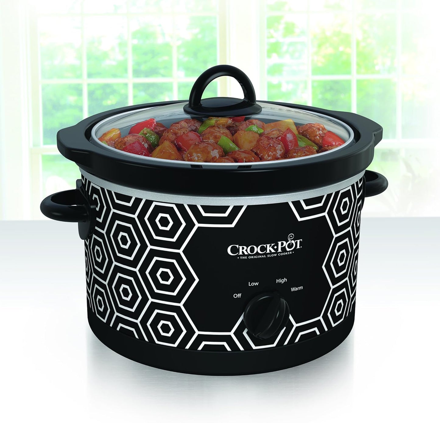 Crock-Pot 4.5 Quart Round Portable Slow Cooker and Food Warmer, Black & White Pattern (SCR450-HX)